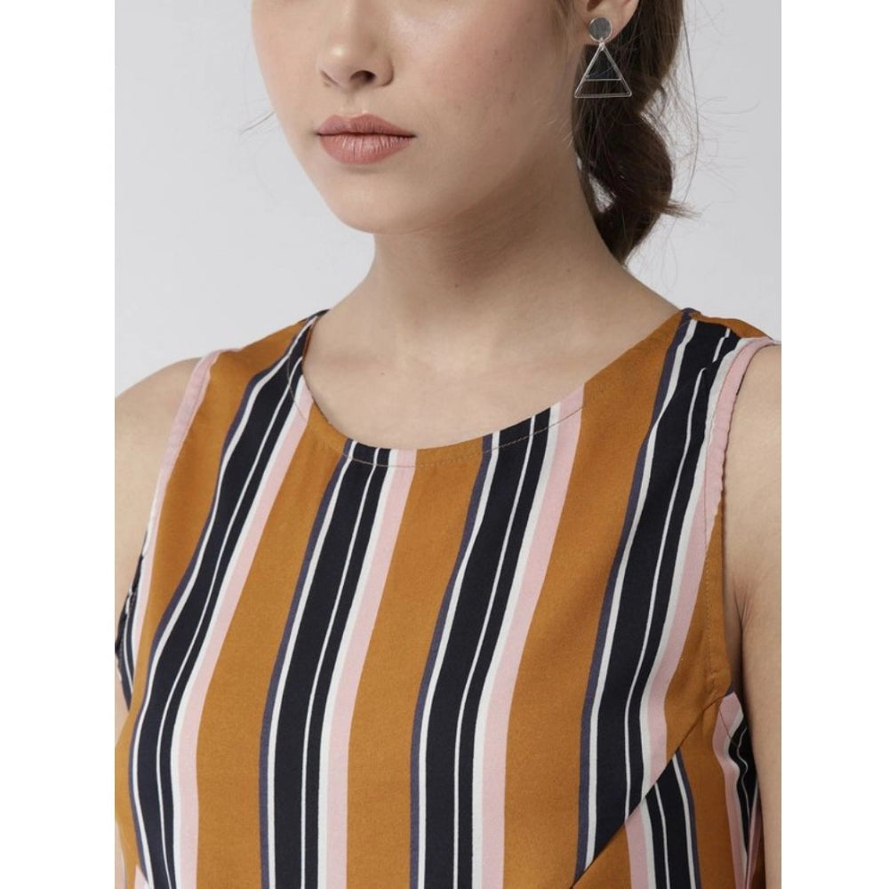 PKRKART Women's Polyester Striped Sleeveless Below Knee Dress (Mustard)
