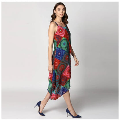 PKRKART Women's Polyester Asymmetrical Shoulder Straps Knee-Length Dress (Multicolor)