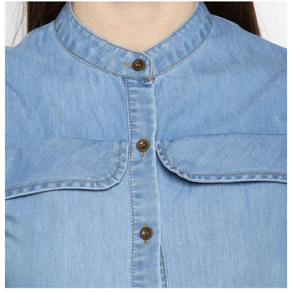 PKRKART Women's Denim Solid Cold Shoulder Above Knee Dress (Blue)