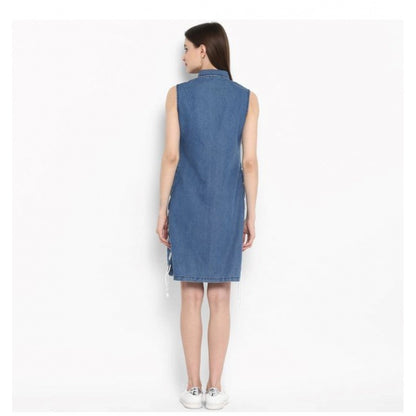 PKRKART Women's Denim Solid Sleeveless Above Knee Dress (Blue)