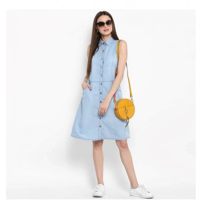 PKRKART Women's Denim Solid Sleeveless Below Knee Dress (Blue)