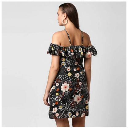 PKRKART Women's Polyester Floral Cold Shoulder Above Knee Dress (Black)