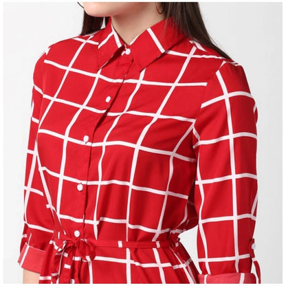 PKRKART Women's Polyester Checkered Long Sleeves Above Knee Dress (Red)