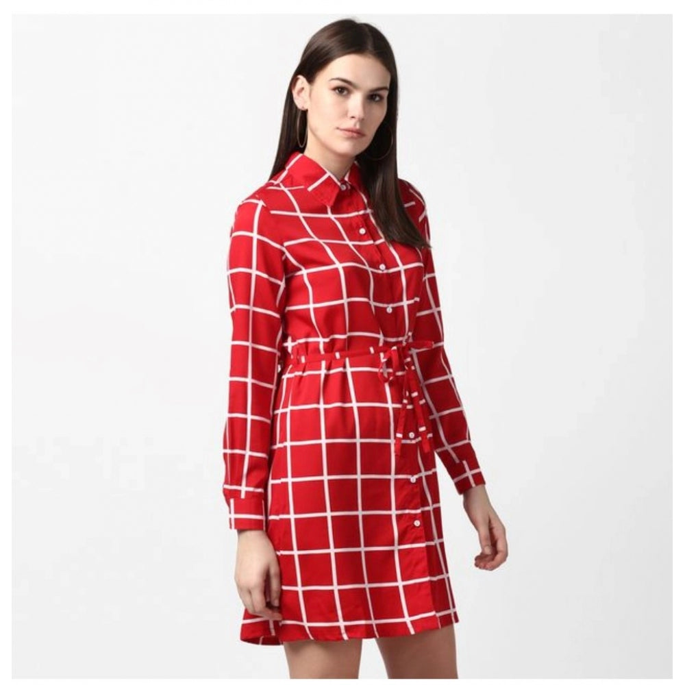 PKRKART Women's Polyester Checkered Long Sleeves Above Knee Dress (Red)