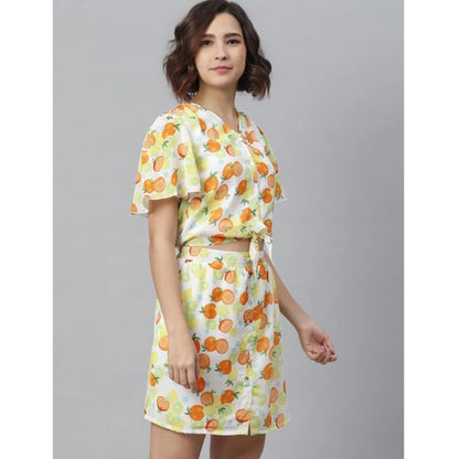 PKRKART Women's Polyester Printed Flutter Above Knee Dress (Orange - Yellow)