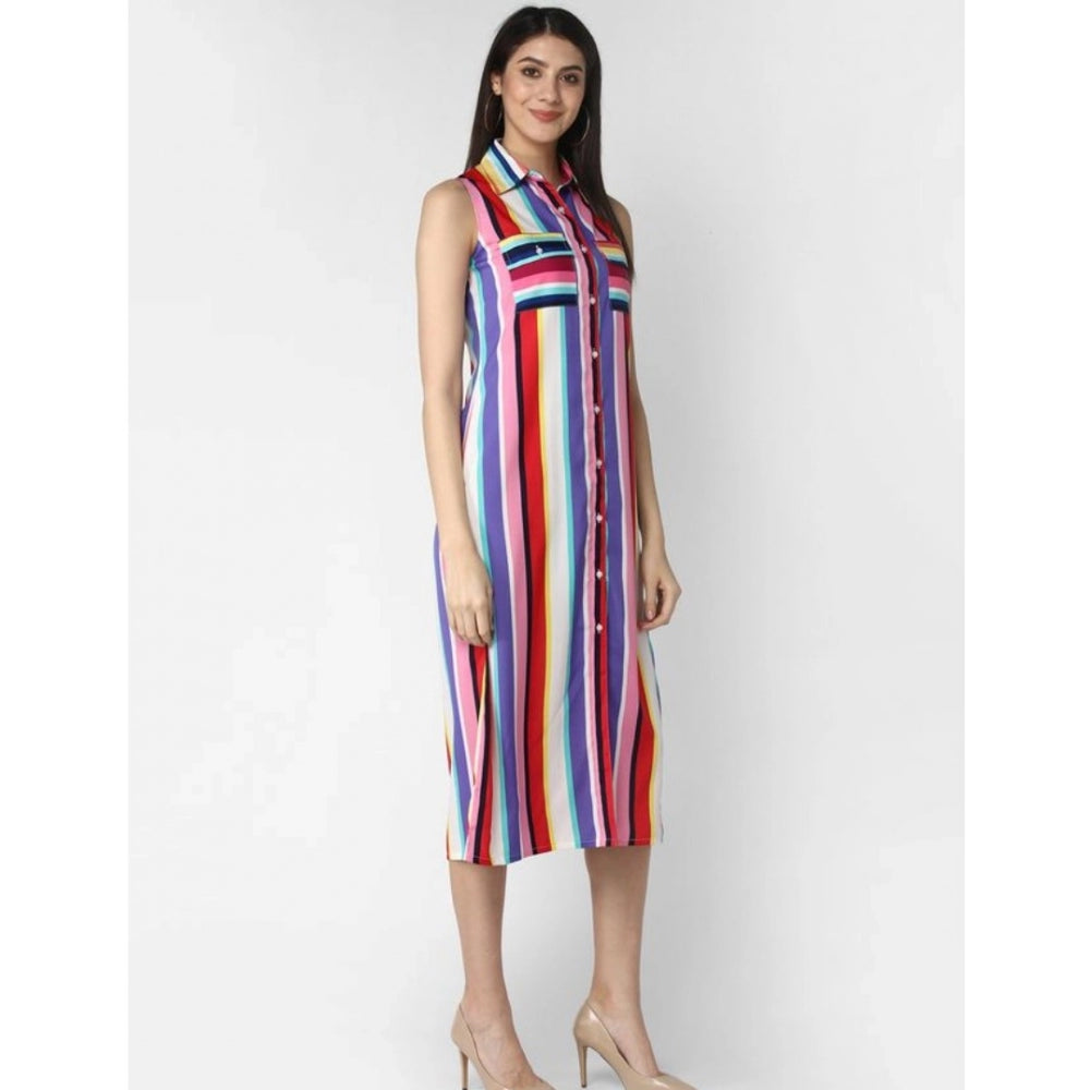 PKRKART Women's Polyester Striped Sleeveless Calf-length Dress (Multicolor)