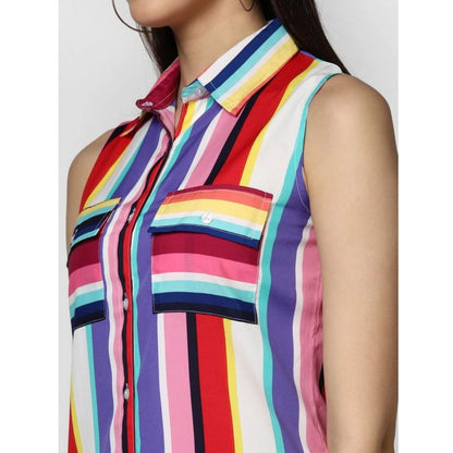 PKRKART Women's Polyester Striped Sleeveless Calf-length Dress (Multicolor)