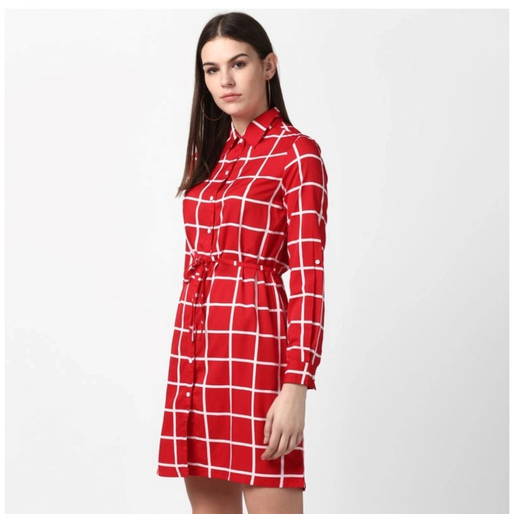 PKRKART Women's Polyester Checkered Long Sleeves Above Knee Dress (Red)