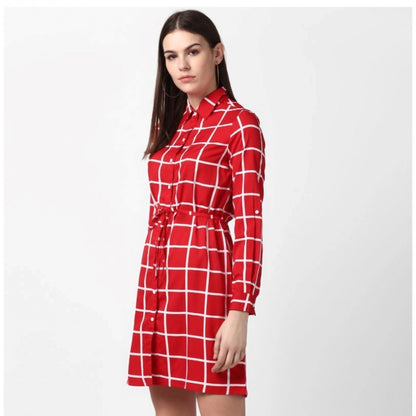 PKRKART Women's Polyester Checkered Long Sleeves Above Knee Dress (Red)