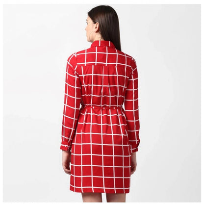 PKRKART Women's Polyester Checkered Long Sleeves Above Knee Dress (Red)