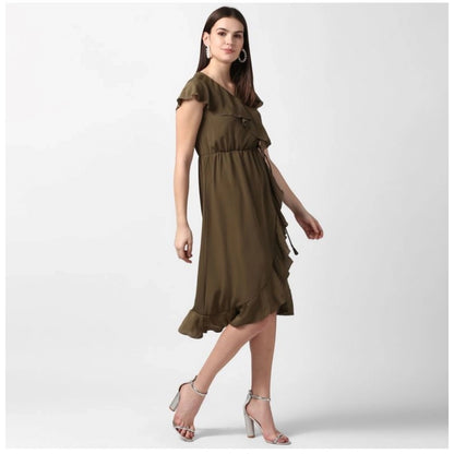 PKRKART Women's Polyester Ruffled Cap Sleeve Knee-Length Dress (Olive)