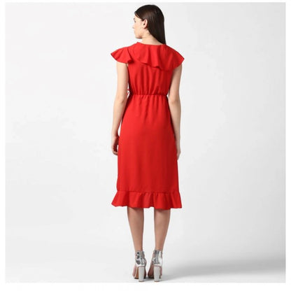 PKRKART Women's Polyester Ruffled Cap Sleeve Knee-Length Dress (Red)