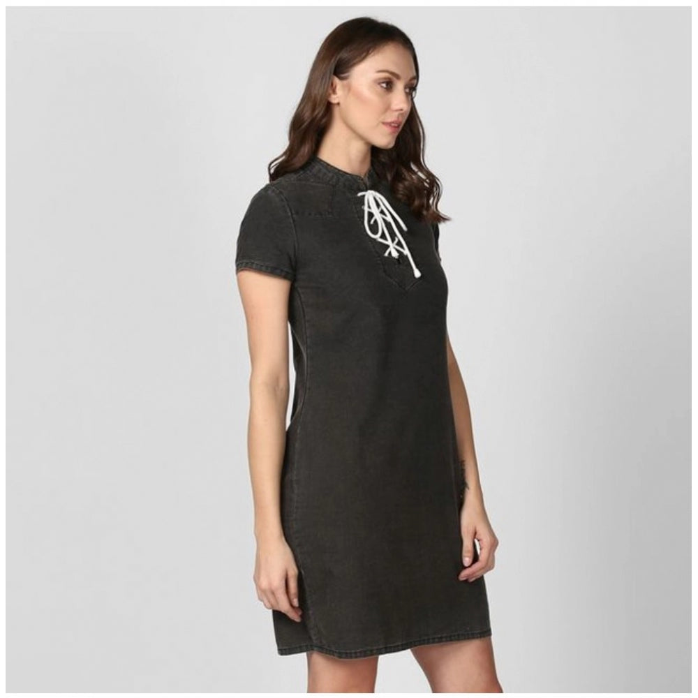 PKRKART Women's Denim Solid Short Sleeve Above Knee Dress (Black)