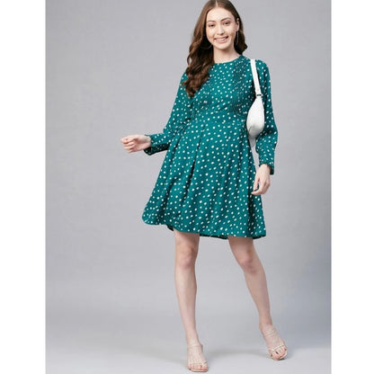 PKRKART Women's Polyester Polka Long Sleeves Above Knee Dress (Green - White)