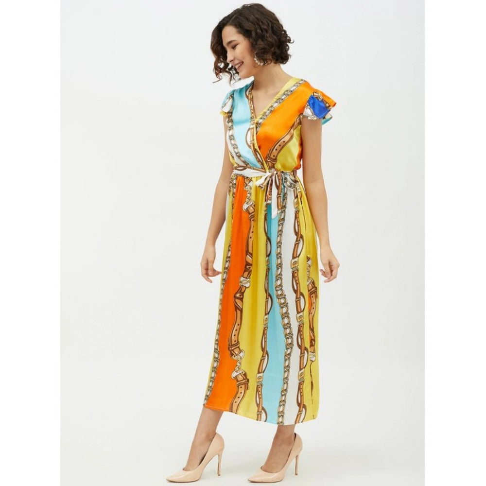 PKRKART Women's Satin Chain Print Cap Sleeve Calf-length Dress (Multicolor)