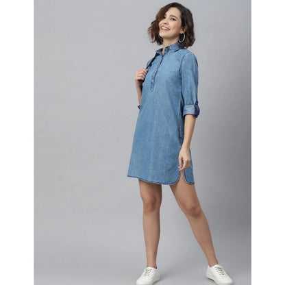 PKRKART Women's Denim Solid Long Sleeves Above Knee Dress (Ice Blue)
