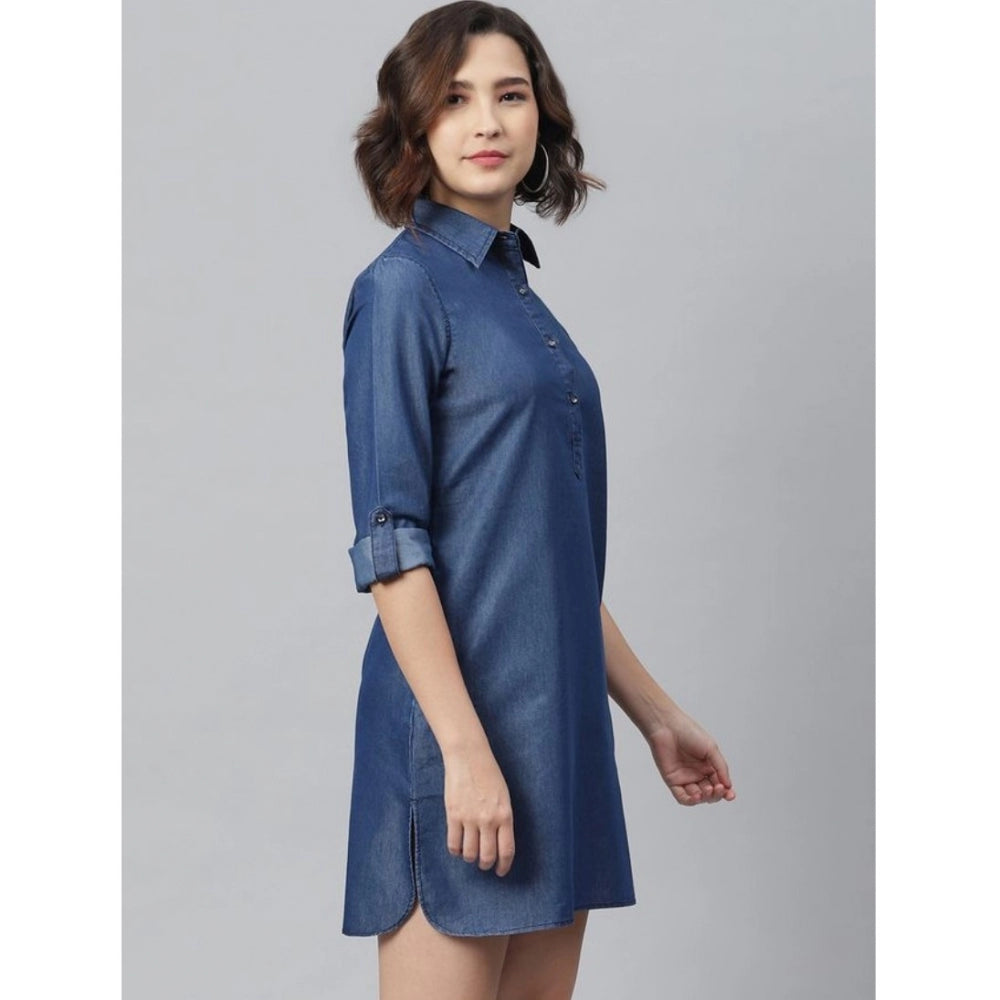 PKRKART Women's Denim Solid Long Sleeves Above Knee Dress (Navy Blue)