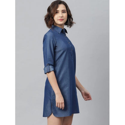 PKRKART Women's Denim Solid Long Sleeves Above Knee Dress (Navy Blue)