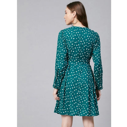 PKRKART Women's Polyester Polka Long Sleeves Above Knee Dress (Green - White)