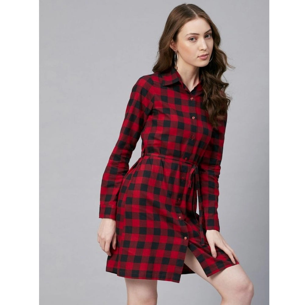 PKRKART Women's Cotton Checkered Long Sleeves Above Knee Dress (Red - Black)