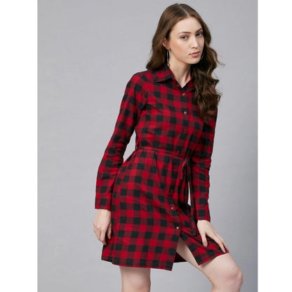 PKRKART Women's Cotton Checkered Long Sleeves Above Knee Dress (Red - Black)