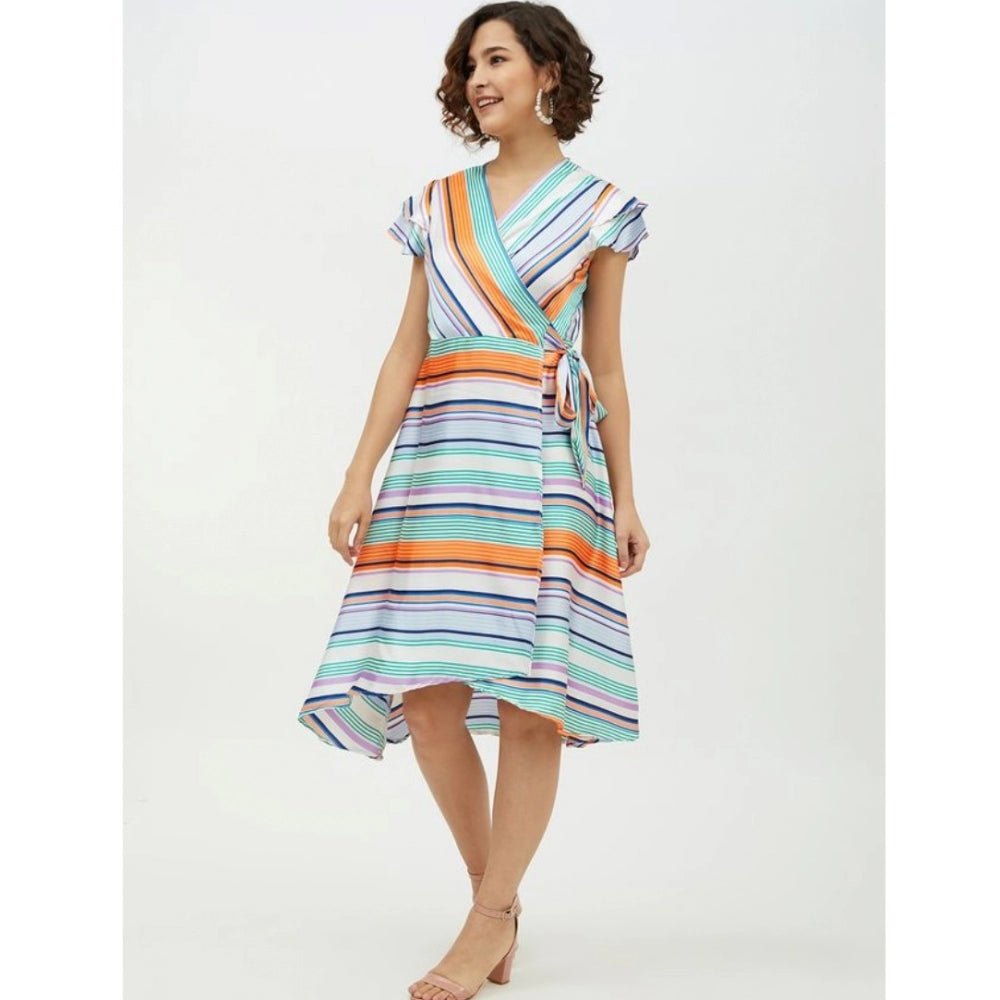 PKRKART Women's Satin Striped Short Sleeve Knee-Length Dress (Multicolor)