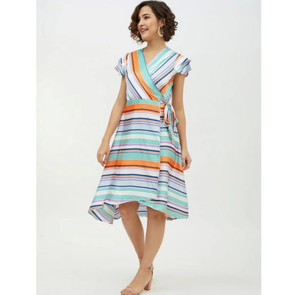 PKRKART Women's Satin Striped Short Sleeve Knee-Length Dress (Multicolor)