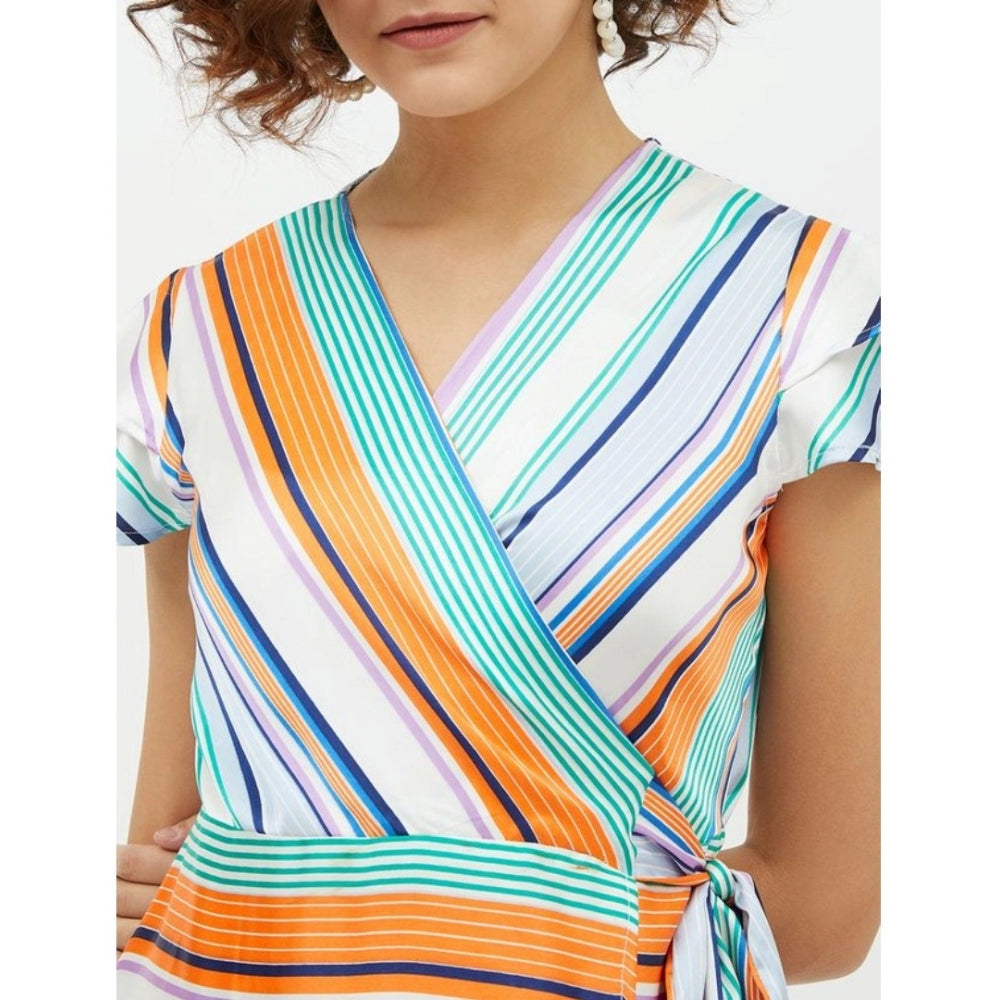 PKRKART Women's Satin Striped Short Sleeve Knee-Length Dress (Multicolor)