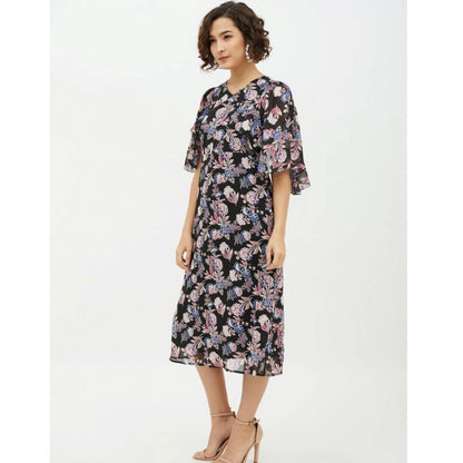 PKRKART Women's Polyester Chain Print Cap Sleeve Calf-length Dress (Multicolor)