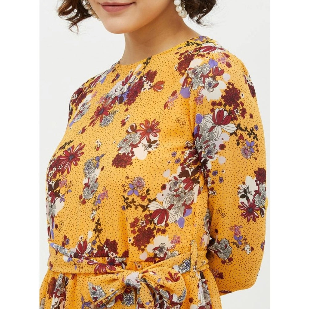 PKRKART Women's Polyester Floral Long Sleeves Calf-length Dress (Multicolor)