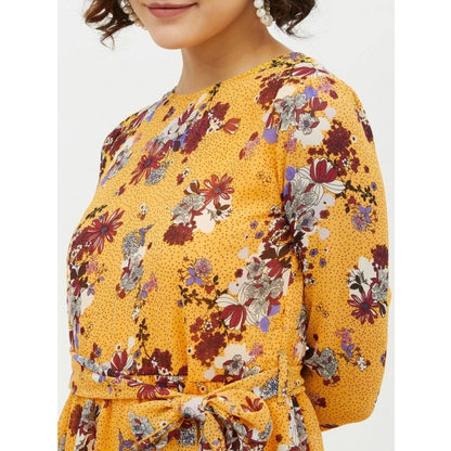 PKRKART Women's Polyester Floral Long Sleeves Calf-length Dress (Multicolor)