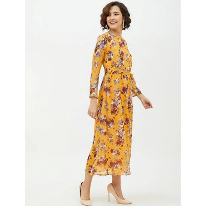 PKRKART Women's Polyester Floral Long Sleeves Calf-length Dress (Multicolor)