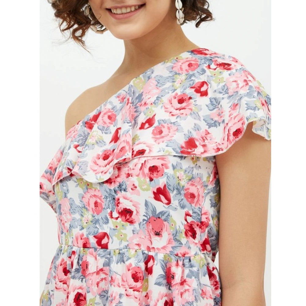 PKRKART Women's Polyester Floral One Shoulder Calf-length Dress (Multicolor)