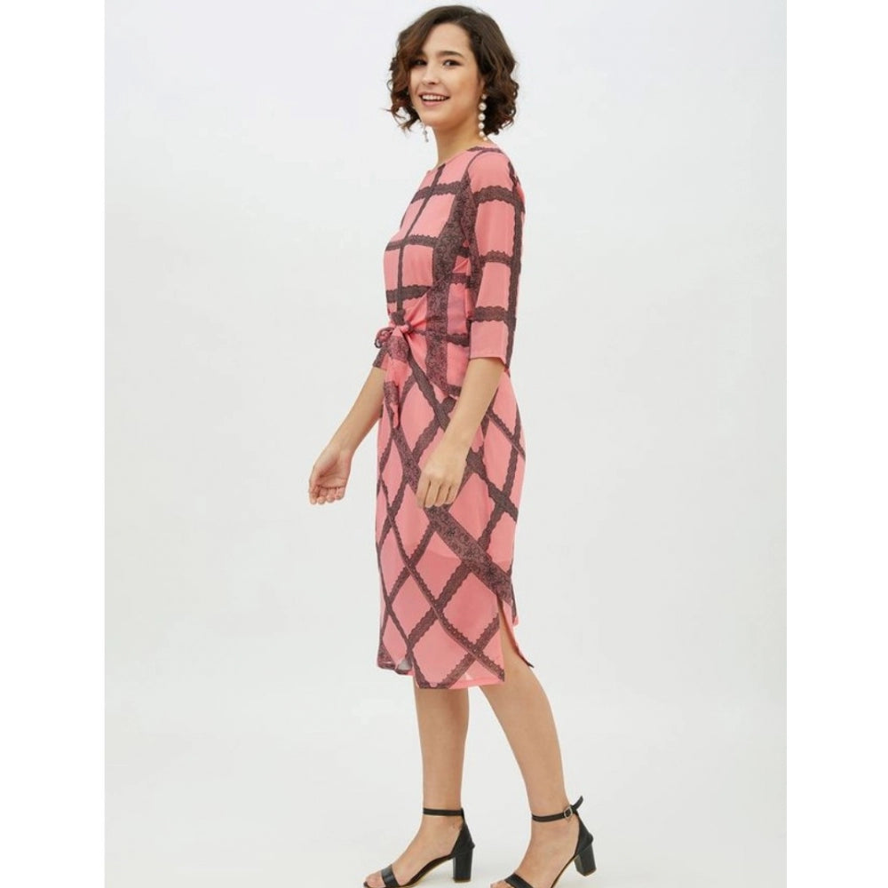 PKRKART Women's Polyester Checkered 3-4th Sleeves Below Knee Dress (Pink)