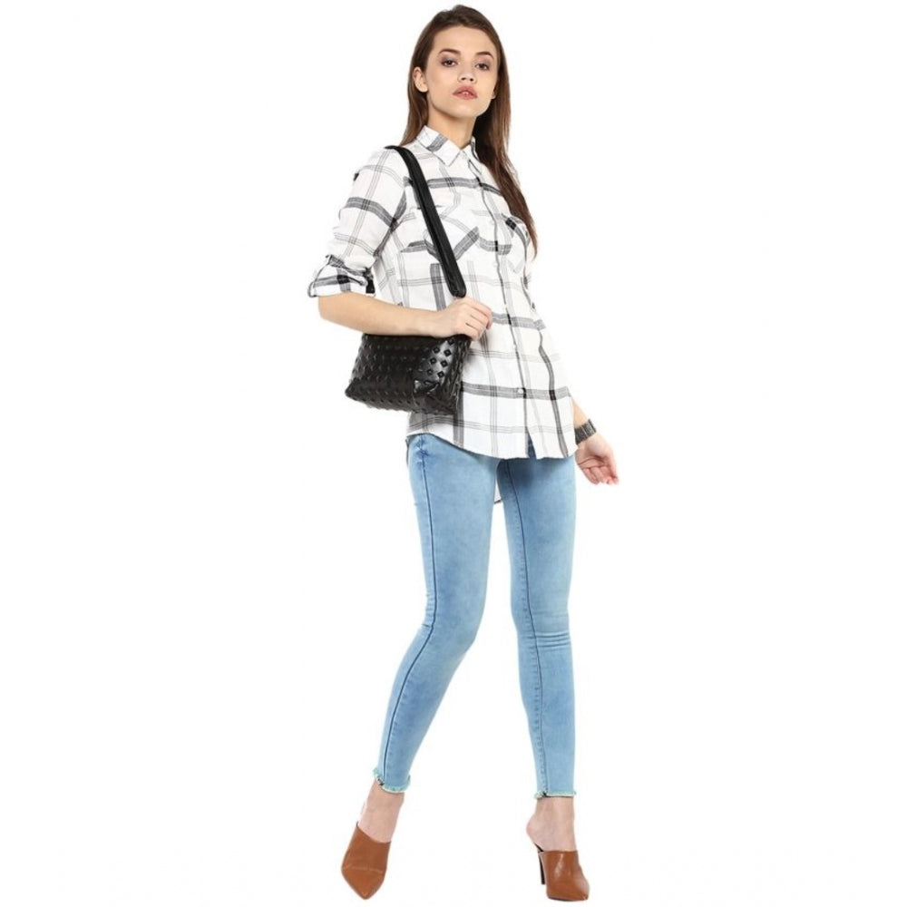 PKRKART Women's Rayon Checkered Long Sleeves Standard Length Shirt (Black - White)