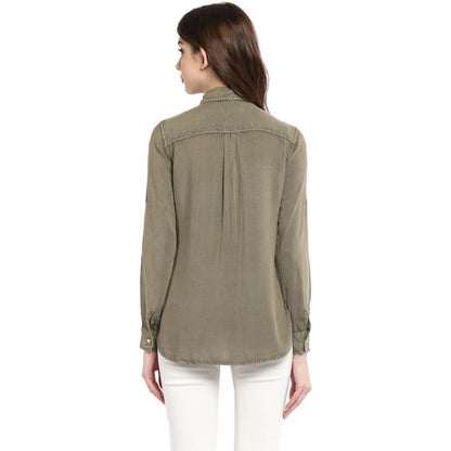 PKRKART Women's Rayon Solid Long Sleeves Standard Length Shirt (Olive Green)