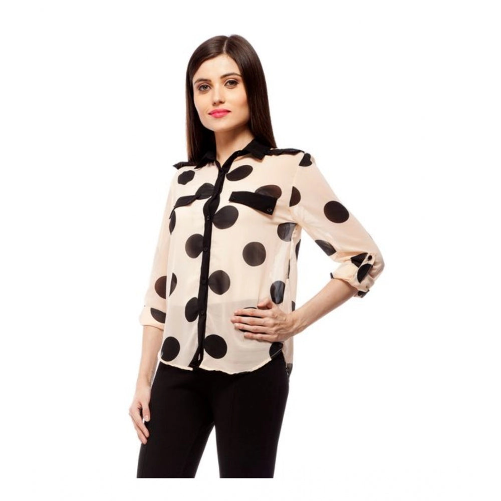 PKRKART Women's Polyester Polka Roll Up Sleeve Standard Length Shirt (Peach)