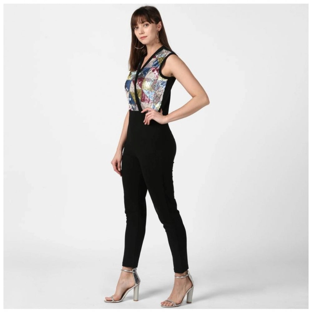 PKRKART Women's Polyester Embellished Sleeveless Jumpsuit (Black)