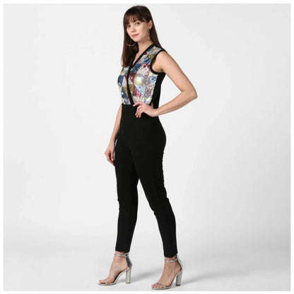 PKRKART Women's Polyester Embellished Sleeveless Jumpsuit (Black)