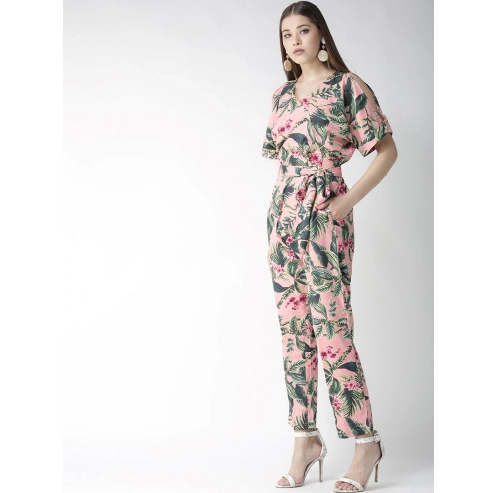 PKRKART Women's Polyester Floral Half Sleeve Jumpsuit (Pink)
