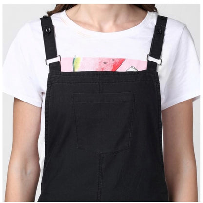 PKRKART Women's Denim Solid Shoulder Straps Above Knee Dungaree (Black)