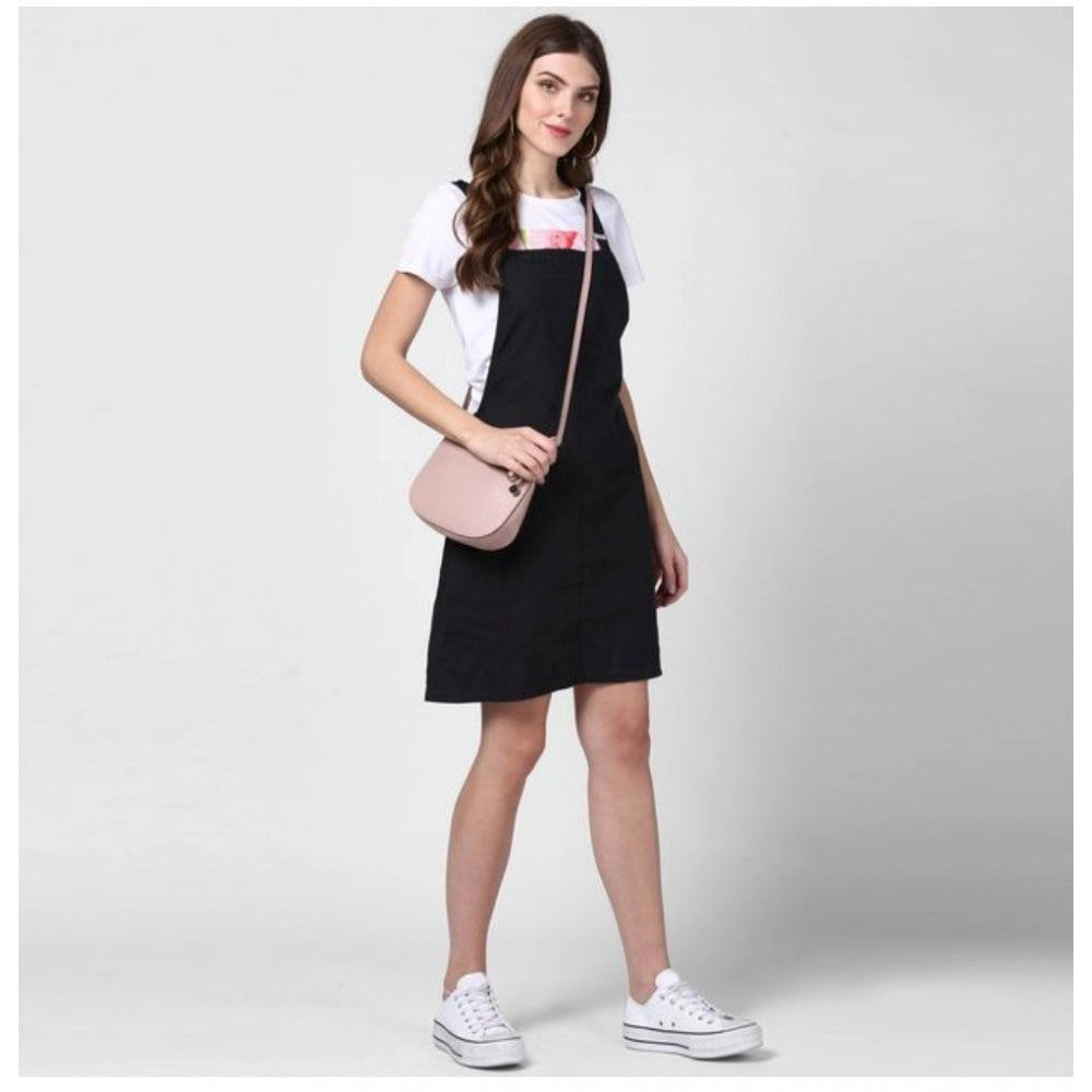 PKRKART Women's Denim Solid Shoulder Straps Above Knee Dungaree (Black)