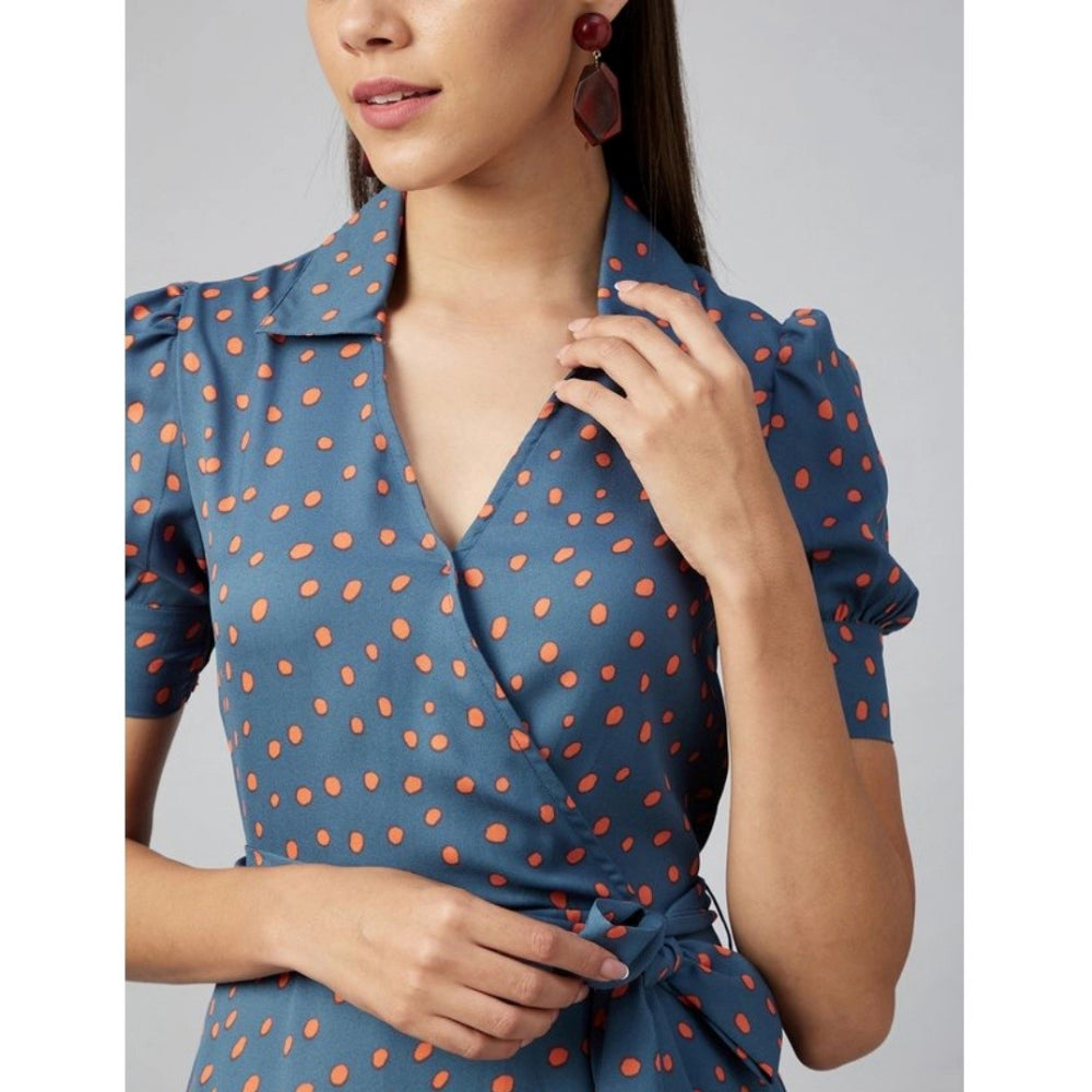 PKRKART Women's Polyester Polka Short Sleeve Above Knee Dress (Grey - Coral)