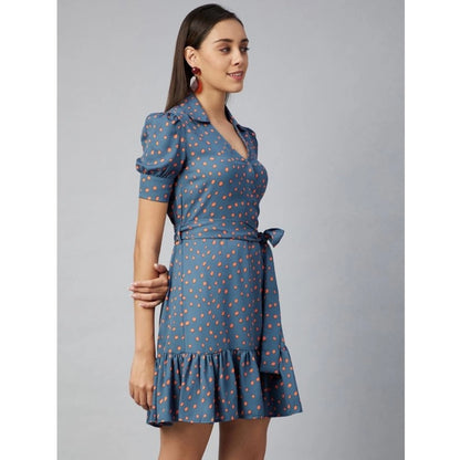 PKRKART Women's Polyester Polka Short Sleeve Above Knee Dress (Grey - Coral)