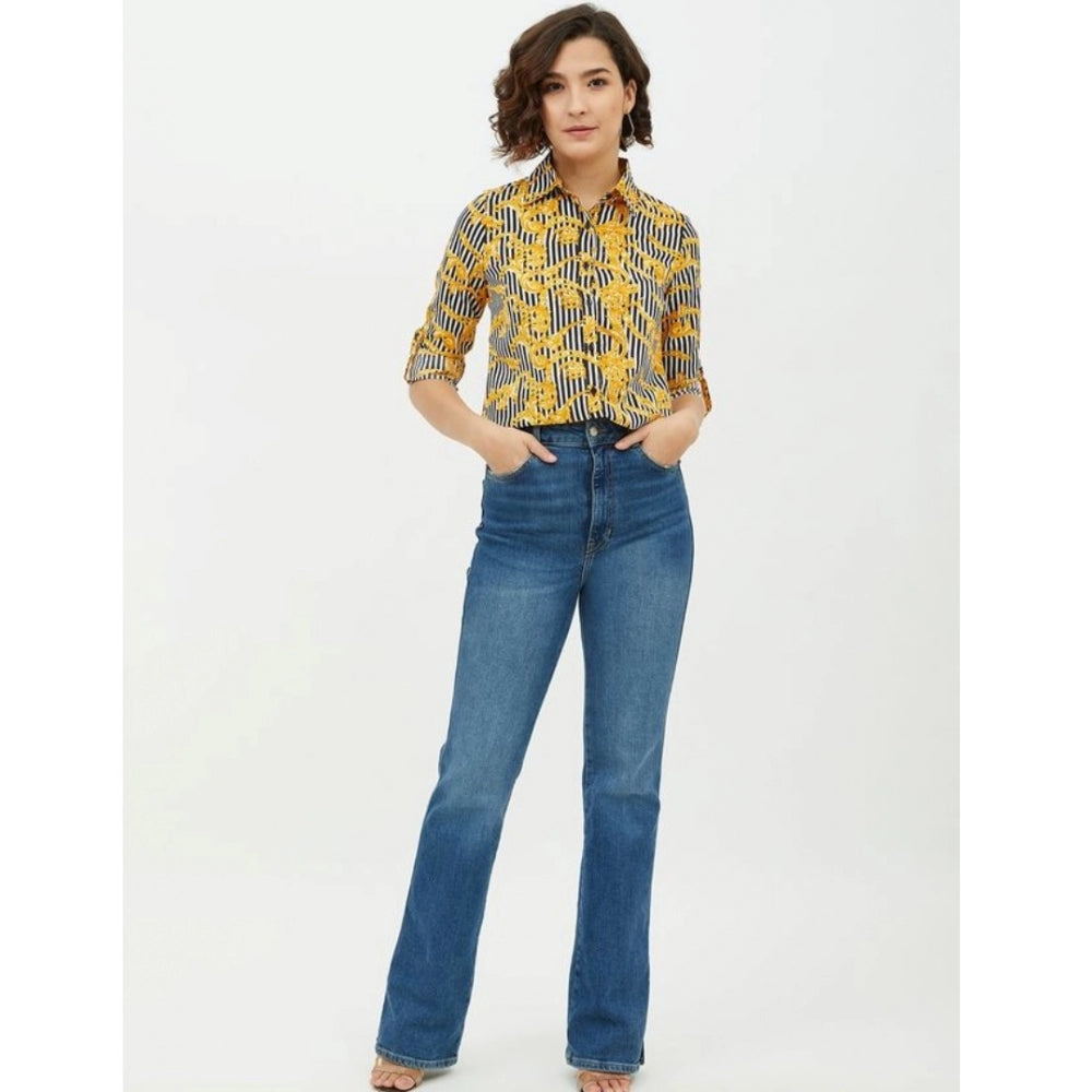 PKRKART Women's Polyester Printed Roll Up Sleeve Standard Length Shirt (Mustared)