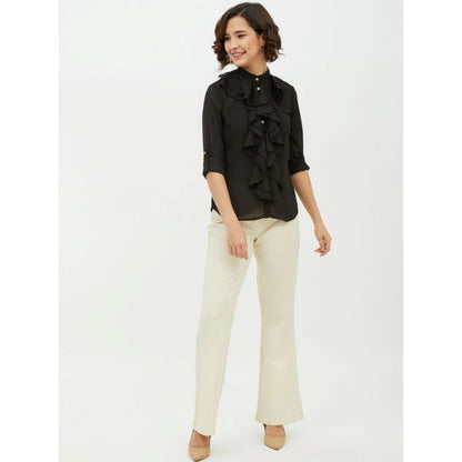 PKRKART Women's Polyester Ruffled Long Sleeves Standard Length Shirt (Black)