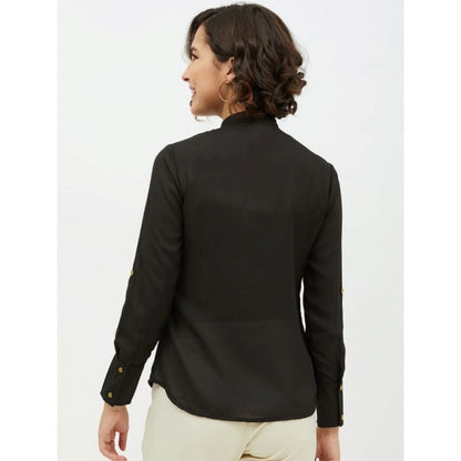 PKRKART Women's Polyester Ruffled Long Sleeves Standard Length Shirt (Black)