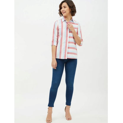 PKRKART Women's Cotton Striped Long Sleeves Standard Length Shirt (Pink)