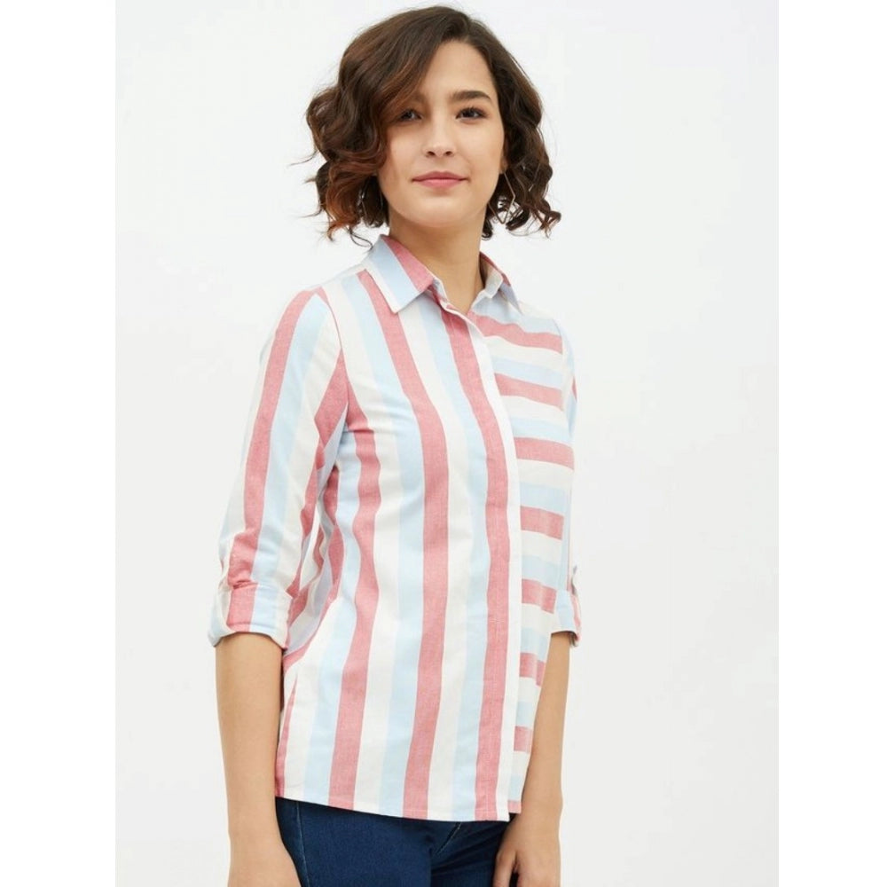 PKRKART Women's Cotton Striped Long Sleeves Standard Length Shirt (Pink)