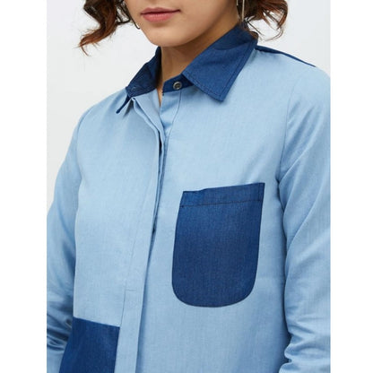 PKRKART Women's Denim Patch Work Long Sleeves Standard Length Shirt (Blue)